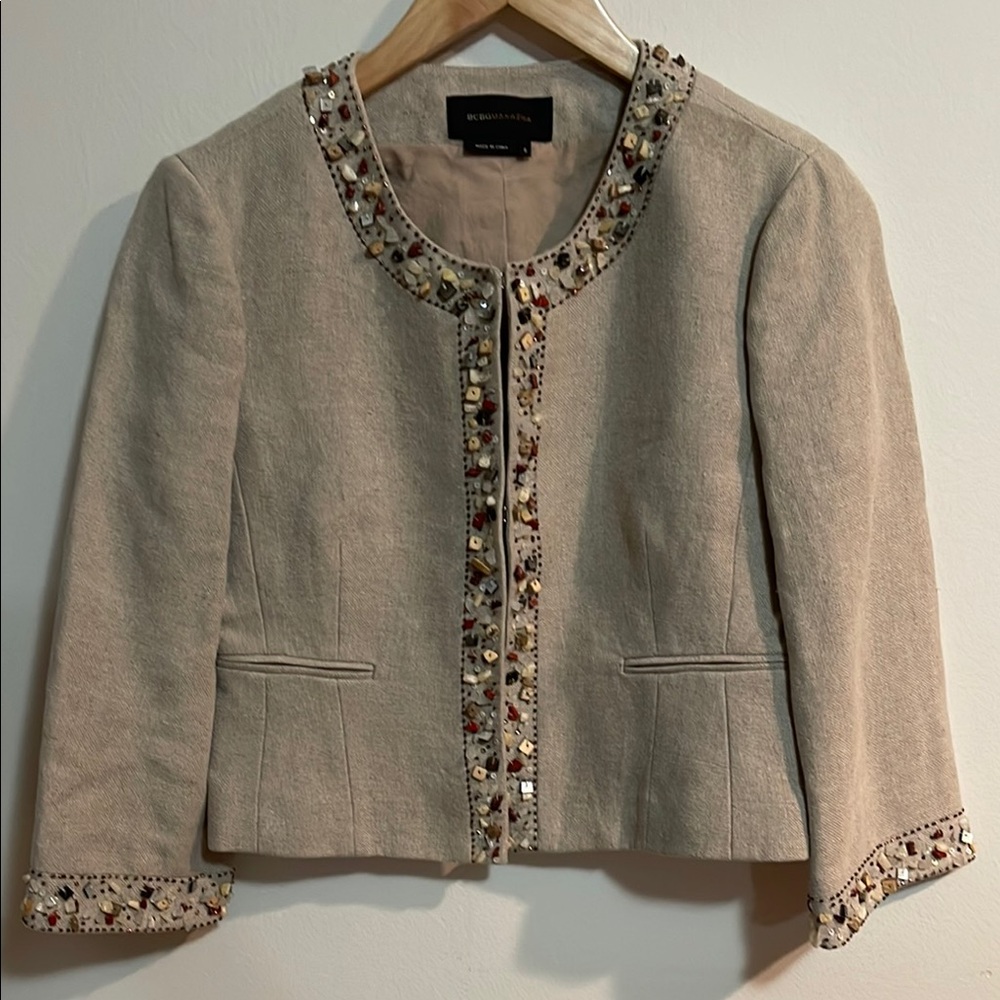 BCBG MaxAzaria Ladies Linen Stones Embellished Cropped Blazer SZ S